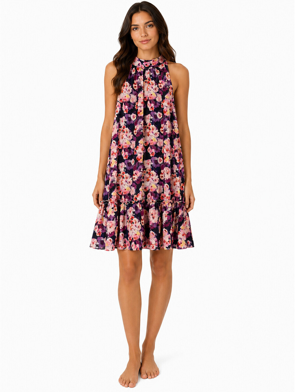 Sam Edelman Floral Halter Shift Dress Size L Pink Purple Ruffle Hem NWT